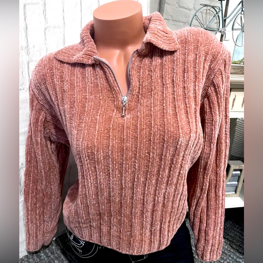 One Two One Rose Pink/Brown 1/2 Zip Chenille Sweater M NWOT!